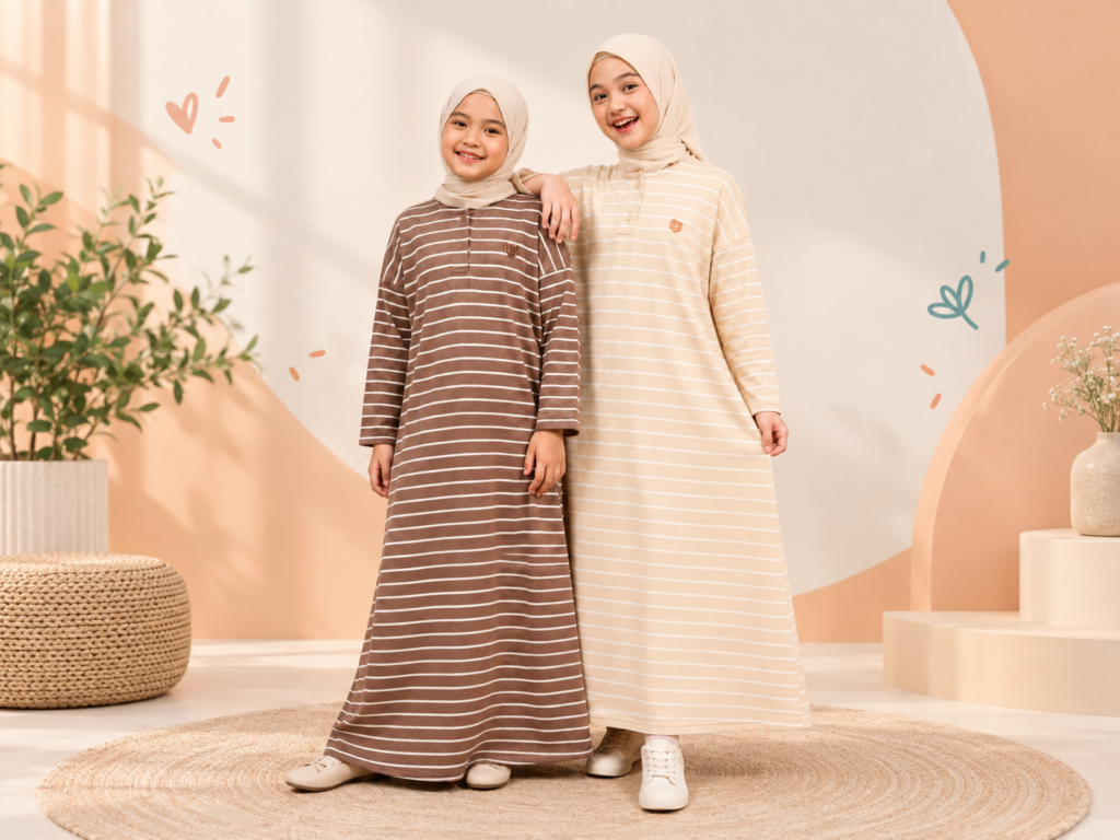 Dua anak mengenakan gamis Jiera motif salur warna cokelat dan krem