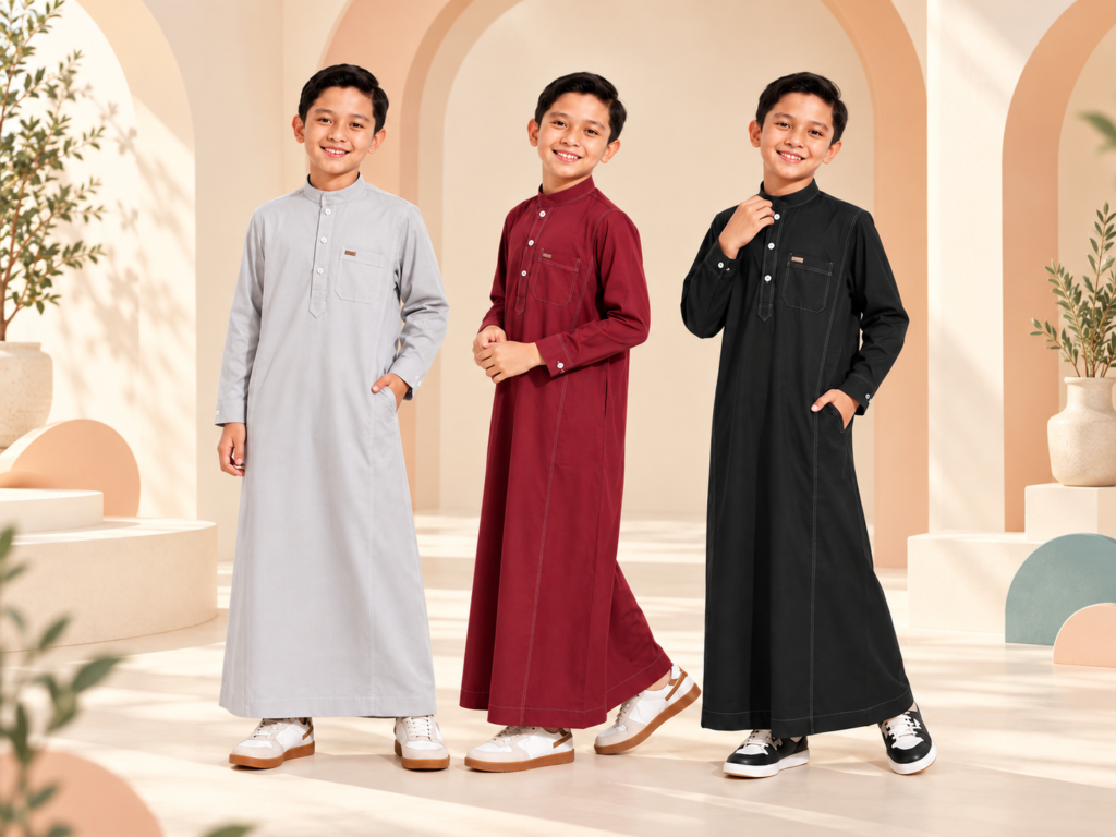 Gambar hero Kalif: tiga anak memakai jubah abu-abu, marun, dan hitam