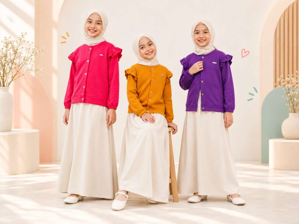Tiga anak mengenakan cardigan Noona warna pink, mustard, dan ungu dengan rok krem