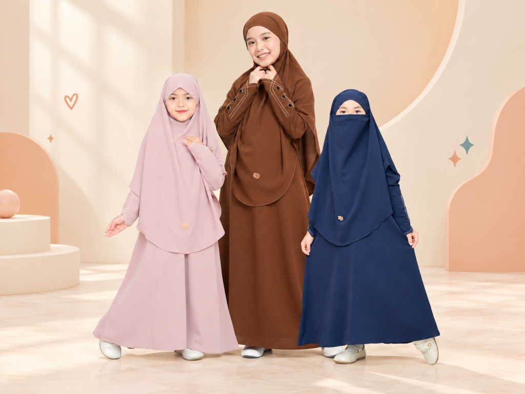 Gambar hero Sienna: tiga anak memakai gamis dan khimar pink, cokelat, dan navy